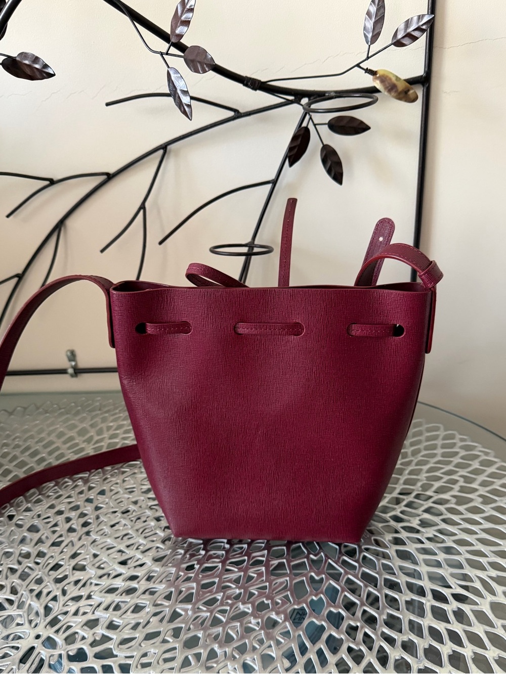Mansur Gavriel Claret Red Textured Leather Mini Crossbody Bucket Bag - Picture 13 of 15